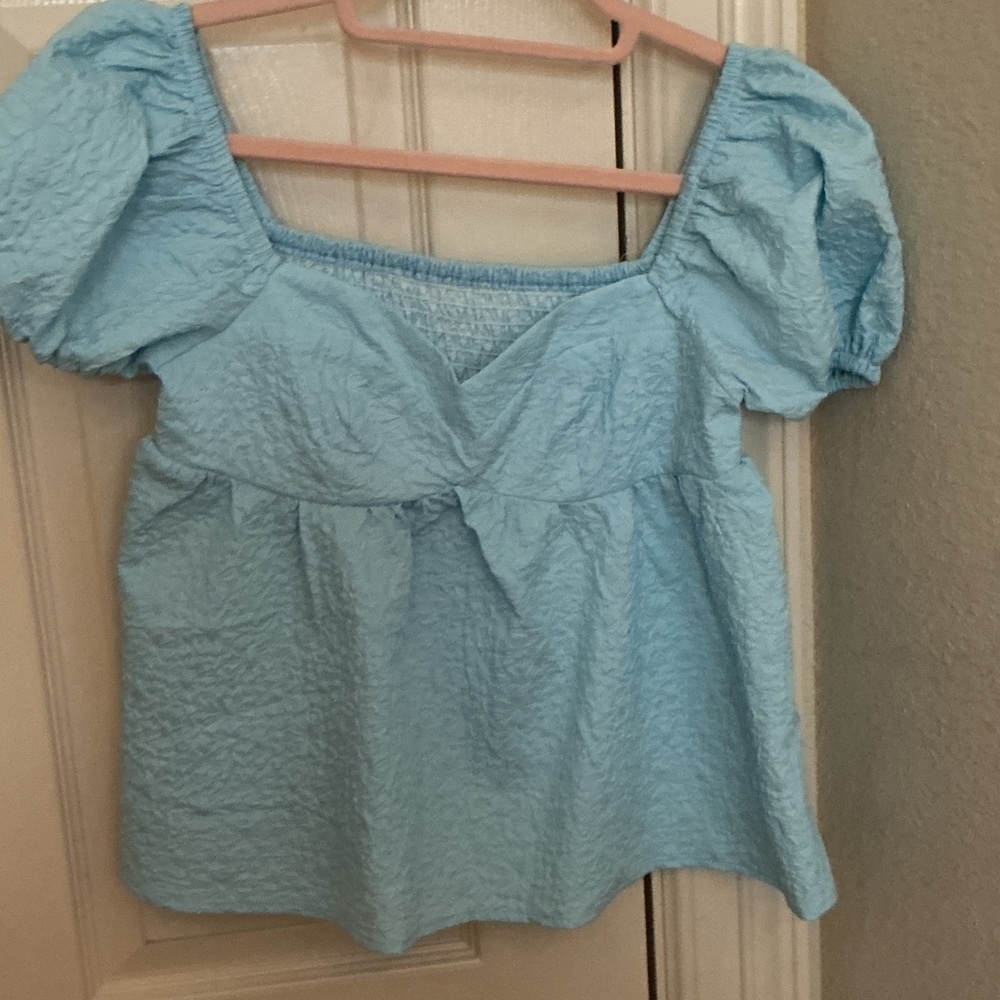 SHEIN Sky Blue Puff Sleeve Blouse